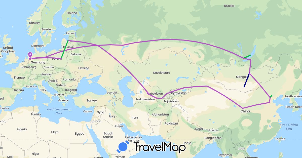 TravelMap itinerary: driving, bus, train in China, Germany, Kazakhstan, Latvia, Mongolia, Netherlands, Poland, Russia, Uzbekistan (Asia, Europe)